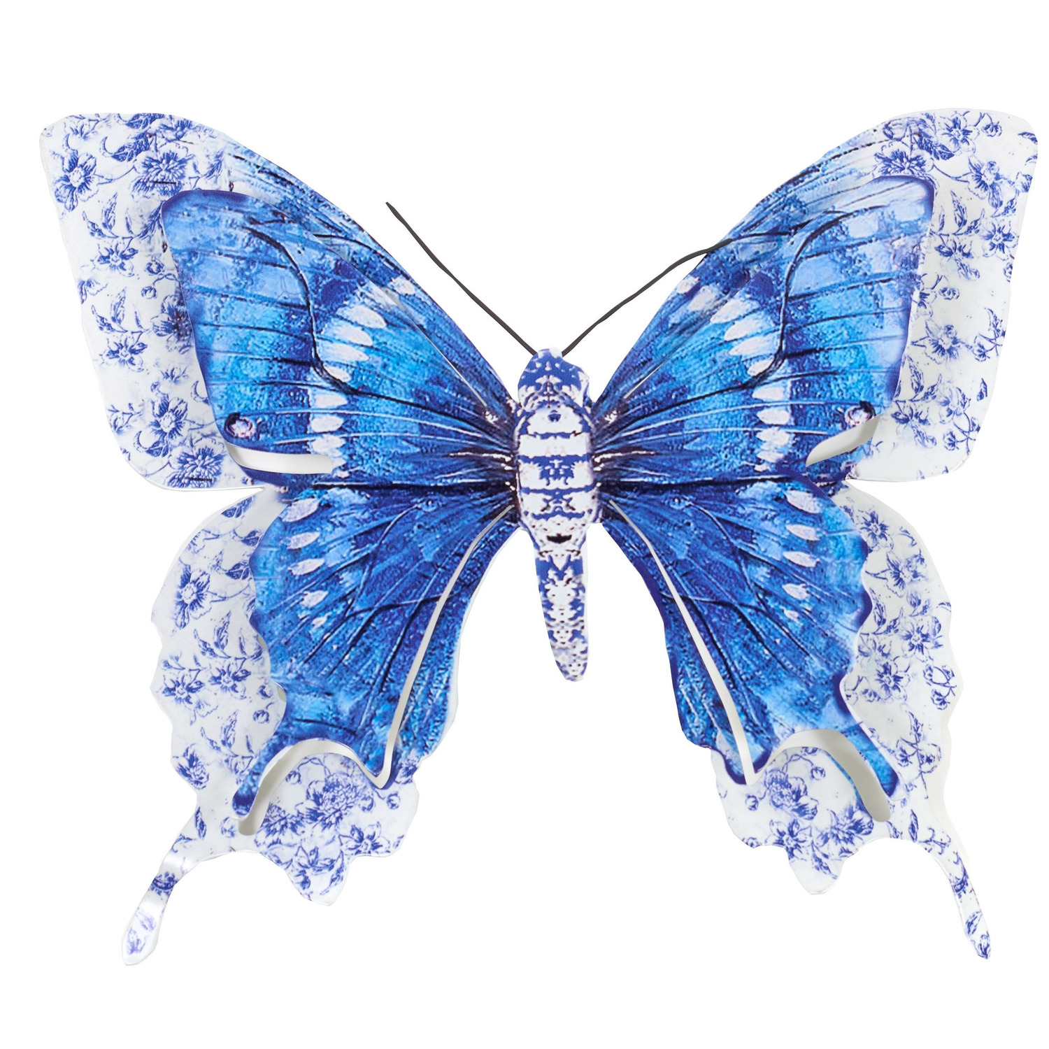 1x Blauwe metalen tuindecoratie vlinder 31 cm