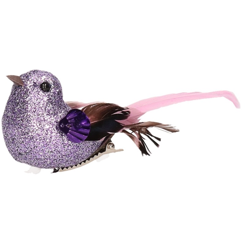Afbeelding 1x Vogel op clip paars 10 cm door Animals Giftshop