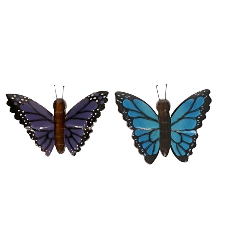 Afbeelding 2 stuks Houten koelkast magneetjes in de vorm van een blauwe en paarse vlinder door Animals Giftshop