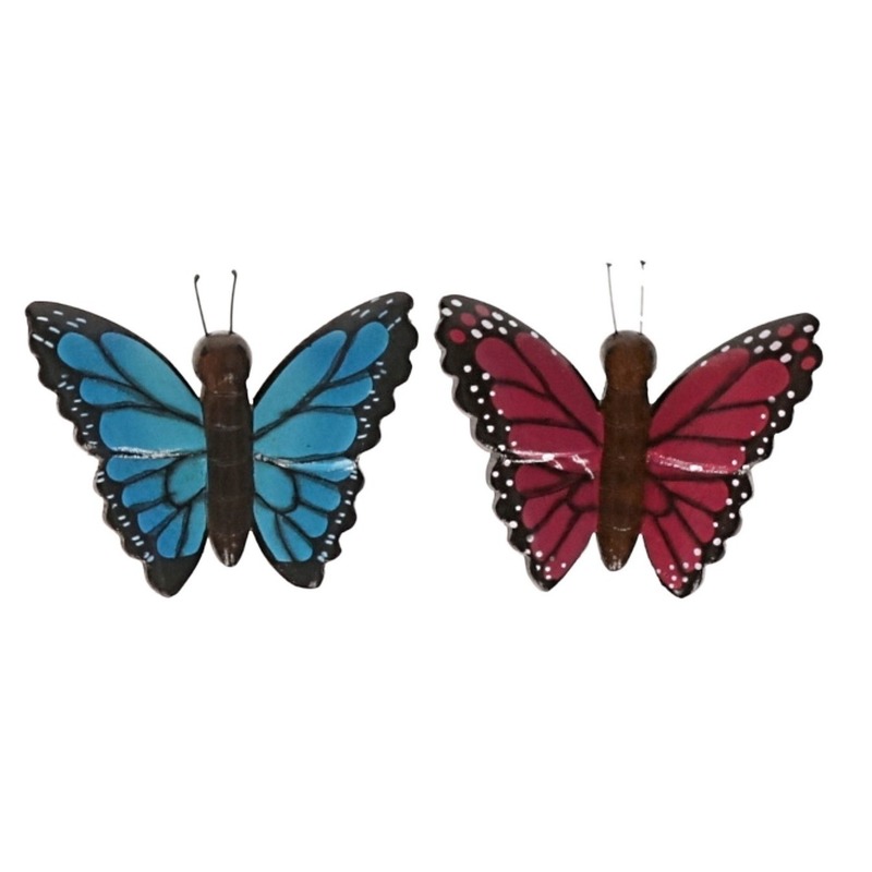 Afbeelding 2 stuks Houten koelkast magneetjes in de vorm van een blauwe en roze vlinder door Animals Giftshop