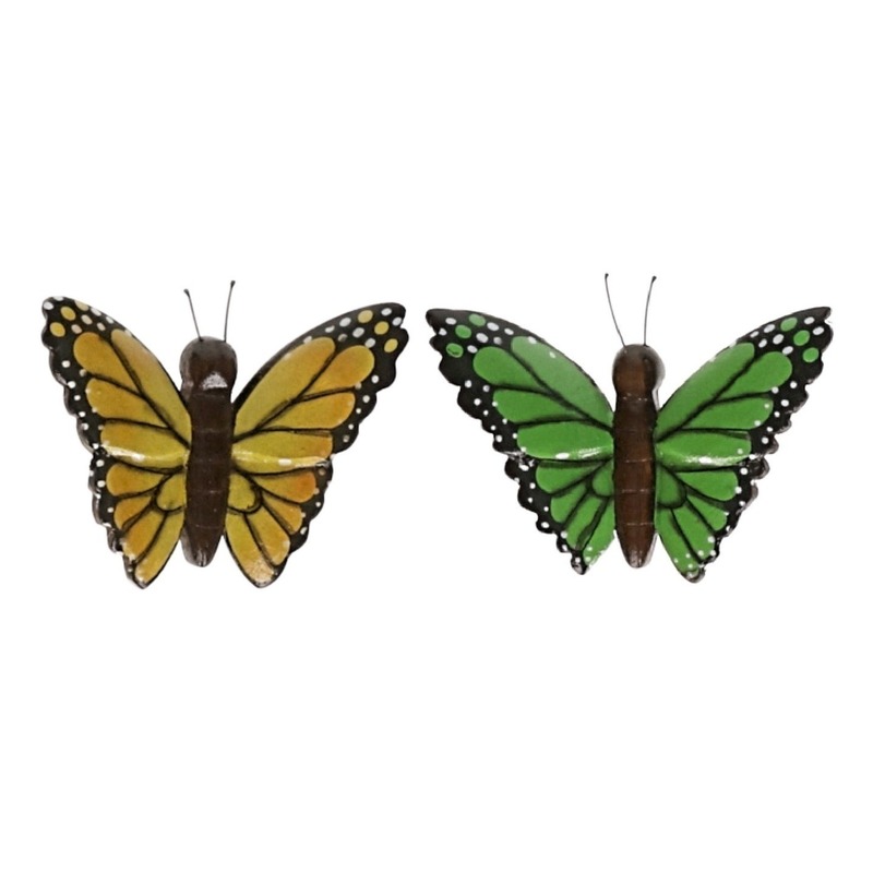Afbeelding 2 stuks Houten koelkast magneten in de vorm van een gele en groene vlinder door Animals Giftshop