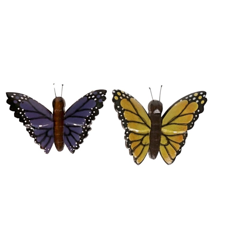 Afbeelding 2 stuks Houten koelkast magneten in de vorm van een gele en paarse vlinder door Animals Giftshop