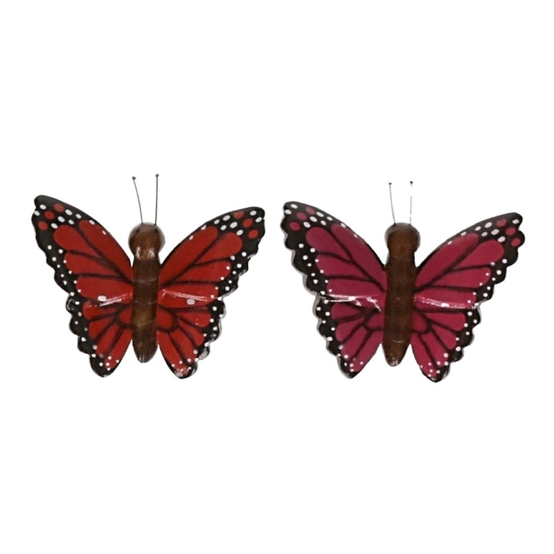 Afbeelding 2 stuks Houten koelkast magneten in de vorm van een rode en roze vlinder door Animals Giftshop
