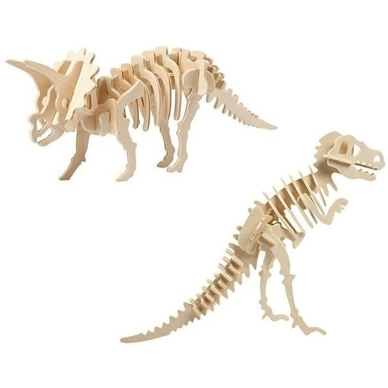 Afbeelding 2x Bouwpakketten hout Triceratops en Tyrannosaurus dinosaurus door Animals Giftshop