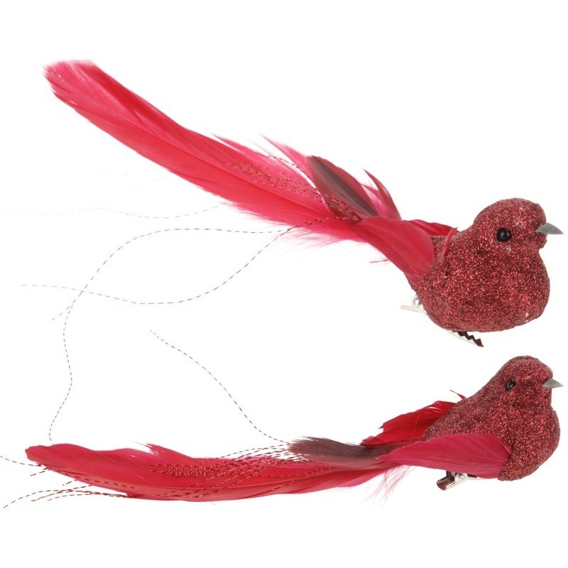 2x Decoratieve rode vogel op clip 17 cm