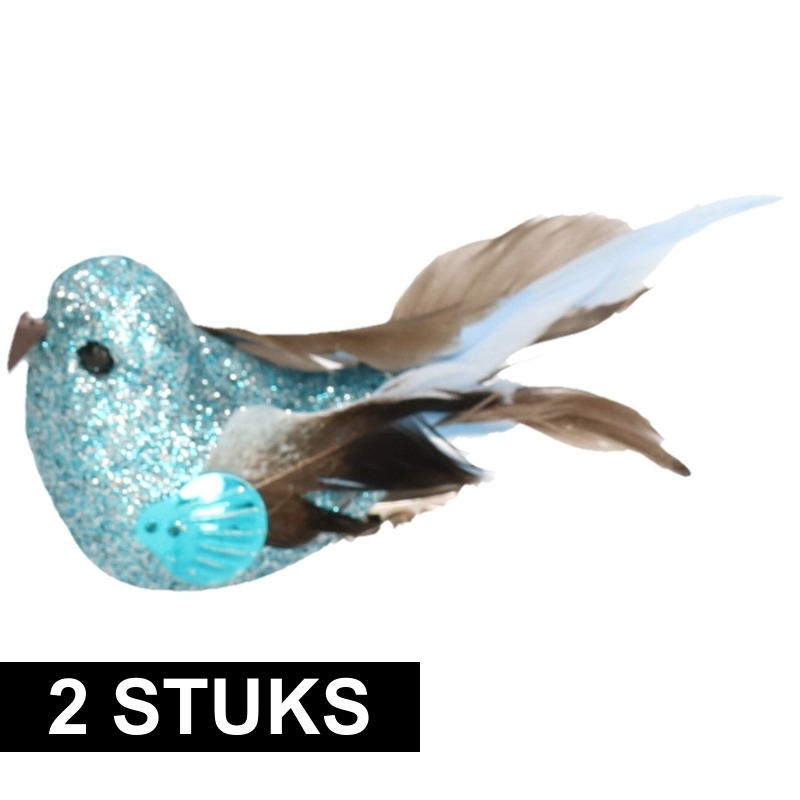2x Vogel op clip blauw 10 cm