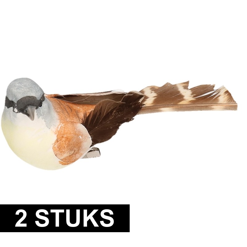 Afbeelding 2x Vogel op clip bruin/wit 9 cm door Animals Giftshop