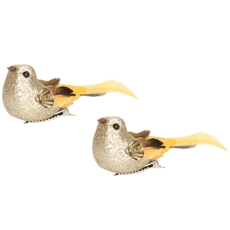 Afbeelding 2x Vogel op clip goud 10 cm door Animals Giftshop