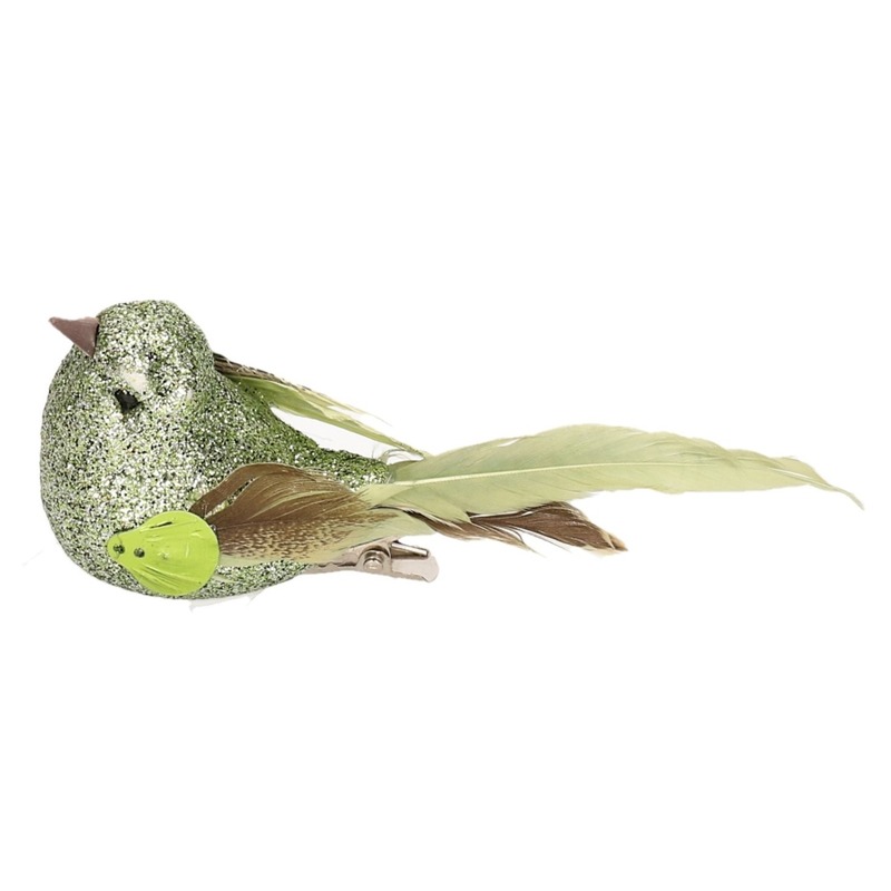 Afbeelding 2x Vogel op clip groen 10 cm door Animals Giftshop