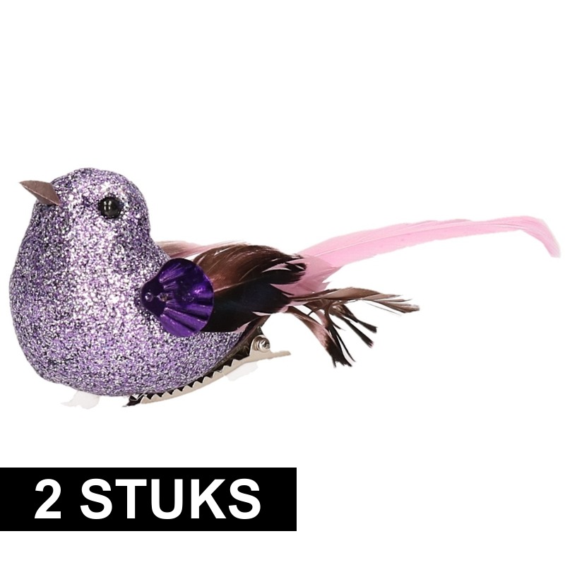 Afbeelding 2x Vogel op clip paars 10 cm door Animals Giftshop