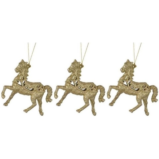 Afbeelding 3x Gouden paarden kerstornamenten kersthangers 10 cm door Animals Giftshop