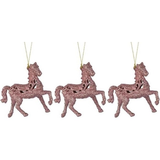 3x Lichtroze paarden kerstornamenten kersthangers 10 cm