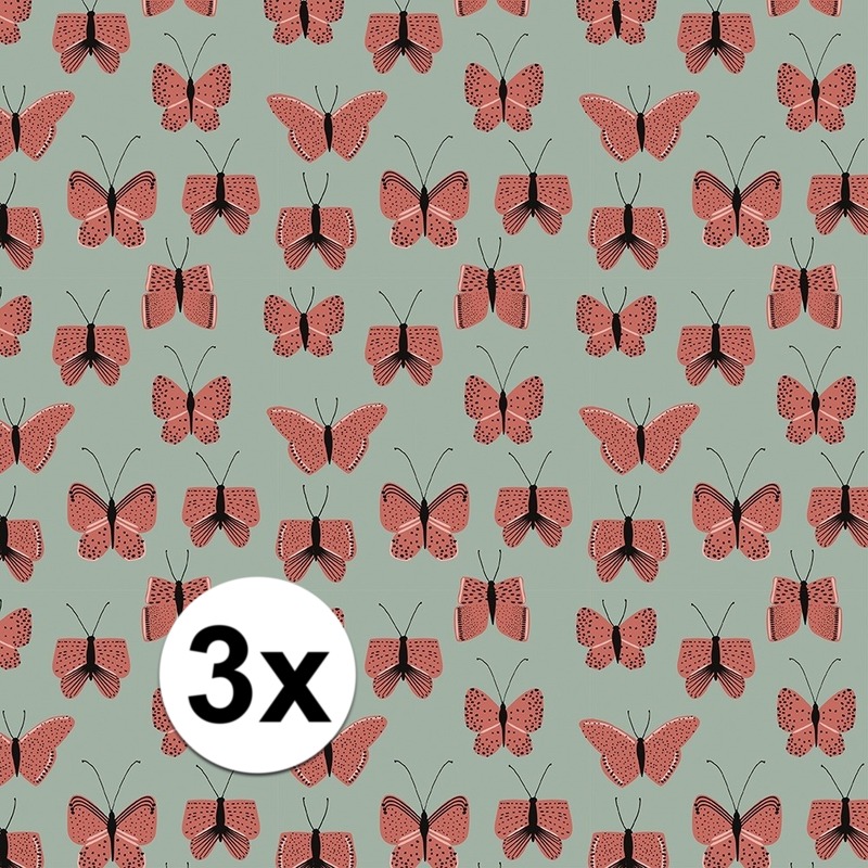Afbeelding 3x Verjaardag kadopapier groen/rood vlinders 200 x 70 cm voor kinderen door Animals Giftshop