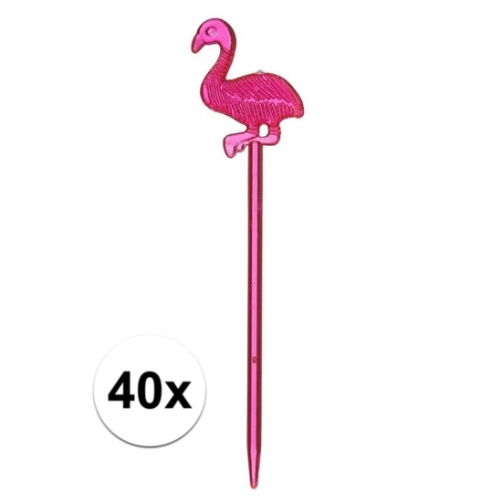 40x Tropische versiering flamingo prikkers 40 x 8 cm