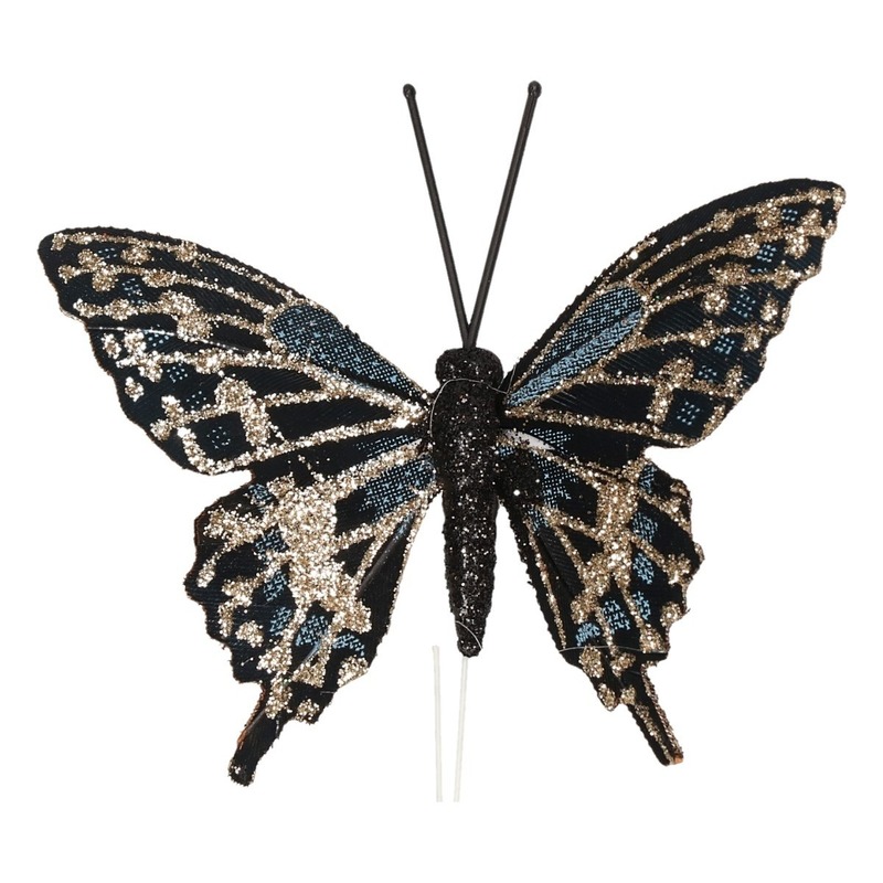 4x Decoratie vlindertje blauw 6 cm gouden details