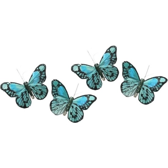 Afbeelding 4x Decoratie vlindertje mintgroen/blauw 9 x 14 cm op ijzerclip door Animals Giftshop