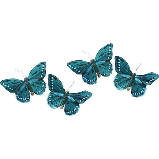 Afbeelding 4x Decoratie vlindertje turquoise blauw/wit 9 x 14 cm op ijzerclip door Animals Giftshop
