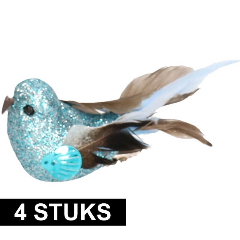 4x Vogel op clip blauw 10 cm