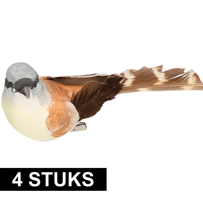 Afbeelding 4x Vogel op clip bruin/wit 9 cm door Animals Giftshop