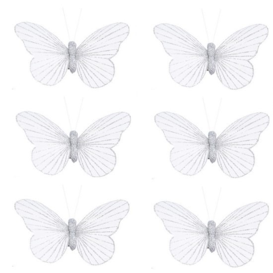 6x Decoratie vlinders op clip zilver/wit 11 cm