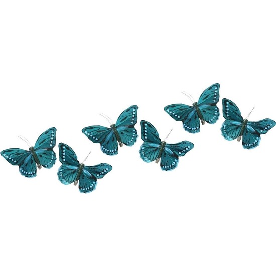 Afbeelding 6x Decoratie vlindertje turquoise blauw/wit 9 x 16 cm op ijzerclip door Animals Giftshop