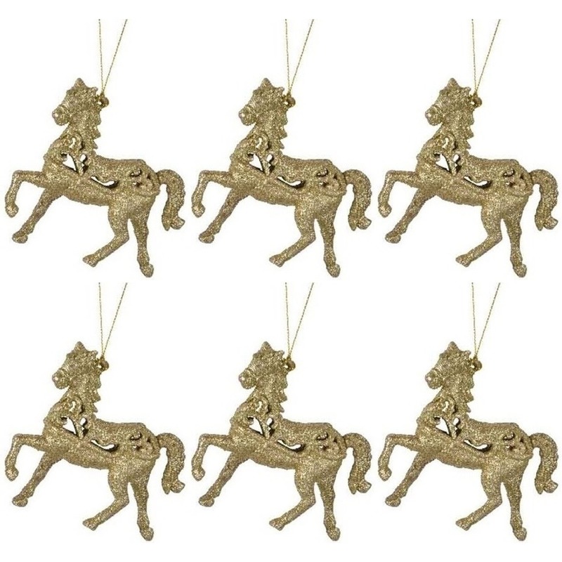 Afbeelding 6x Gouden paarden kerstornamenten kersthangers 10 cm door Animals Giftshop