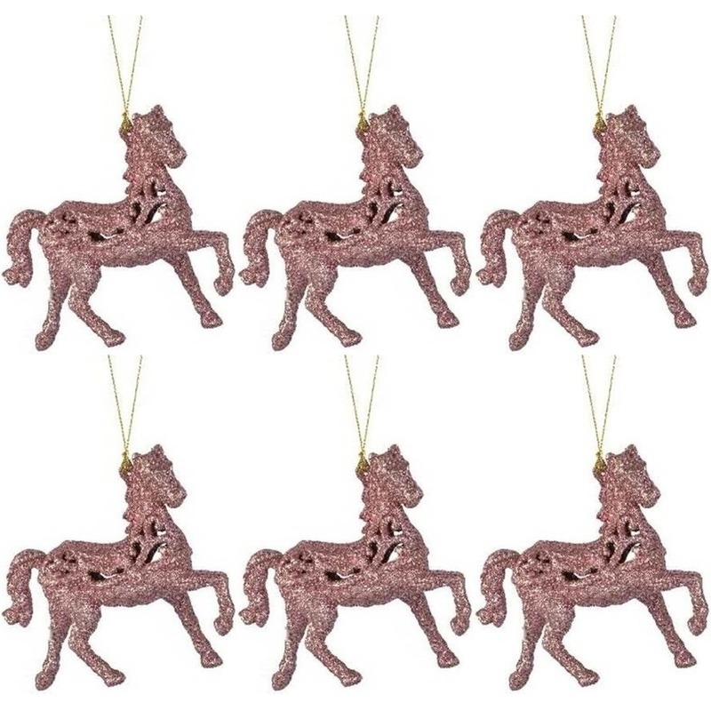 6x Lichtroze paarden kerstornamenten kersthangers 10 cm