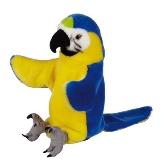 Blauw/gele ara/papegaaien handpop pluche 25cm
