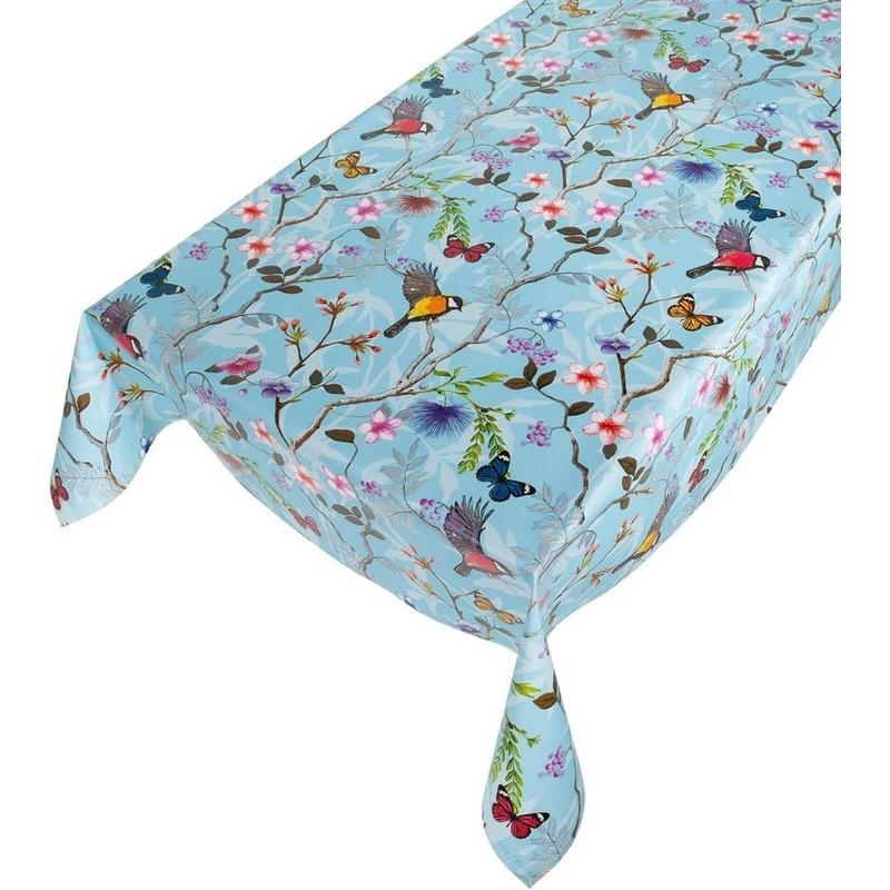 Lichtblauwe tafelkleden/tafelzeilen vogeltjes/vlindertjes print 140 x 240 cm rechthoekig