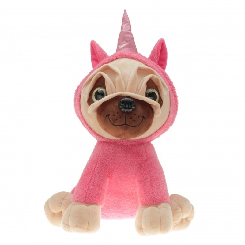 Afbeelding Mopshondje met roze eenhoorn kostuum 40 cm door Animals Giftshop