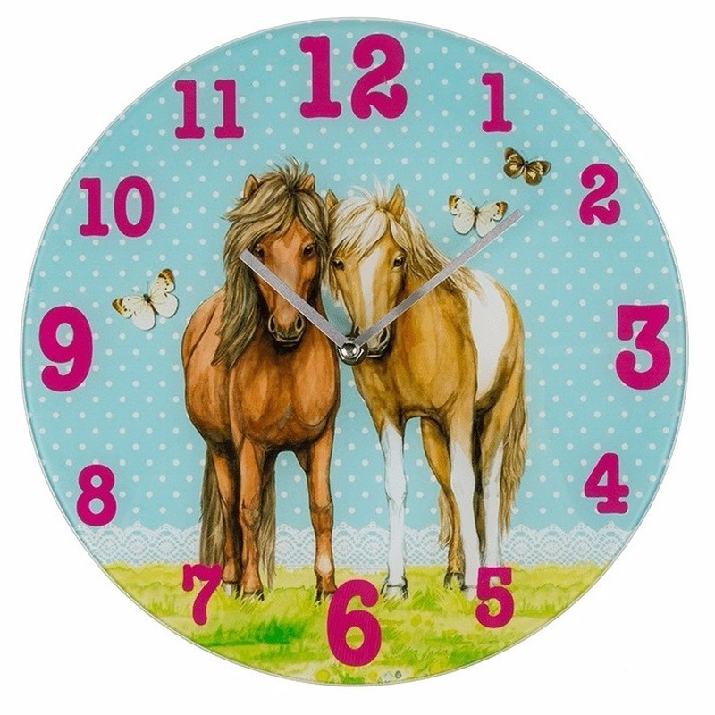 Afbeelding Paarden thema klok 33 cm van glas door Animals Giftshop