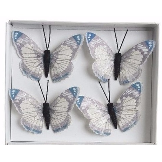 Afbeelding Set van 4 decoratie vlindertjes blauw/creme door Animals Giftshop
