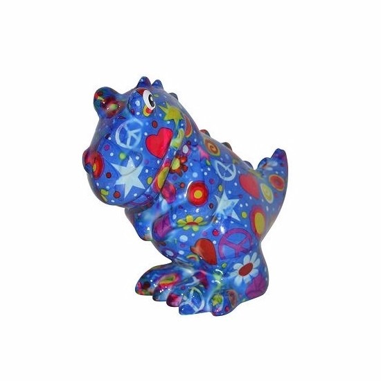 Spaarpot dinosaurus blauw met figuurtjes print 17 cm