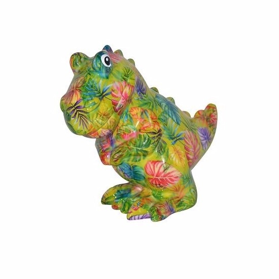 Spaarpot dinosaurus groen met bloemen print 17 cm
