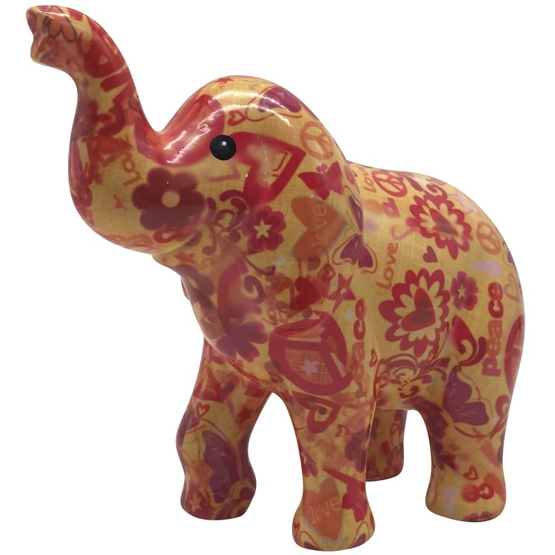 Spaarpot geel olifant met love and peace/hippie print 20 cm