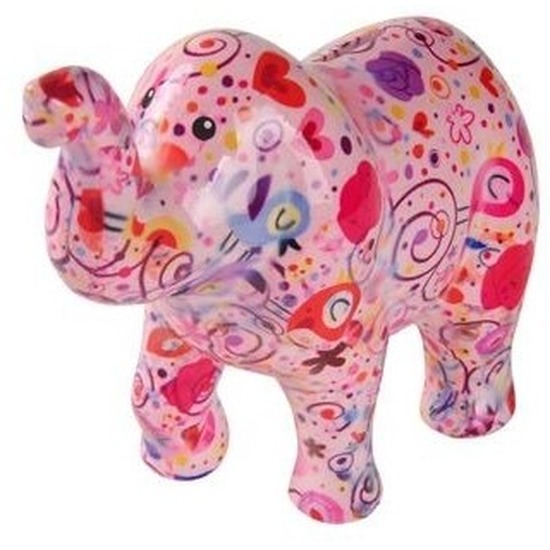 Spaarpot olifant roze met gekleurde bloemetjes print 20 cm
