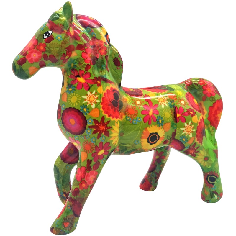 Spaarpot paard groen/gekleurde bloemen print 21 cm