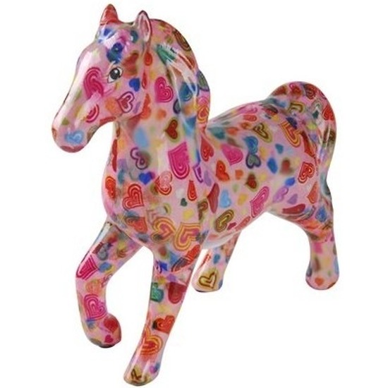 Spaarpot paard roze/gekleurde hartjes print 21 cm
