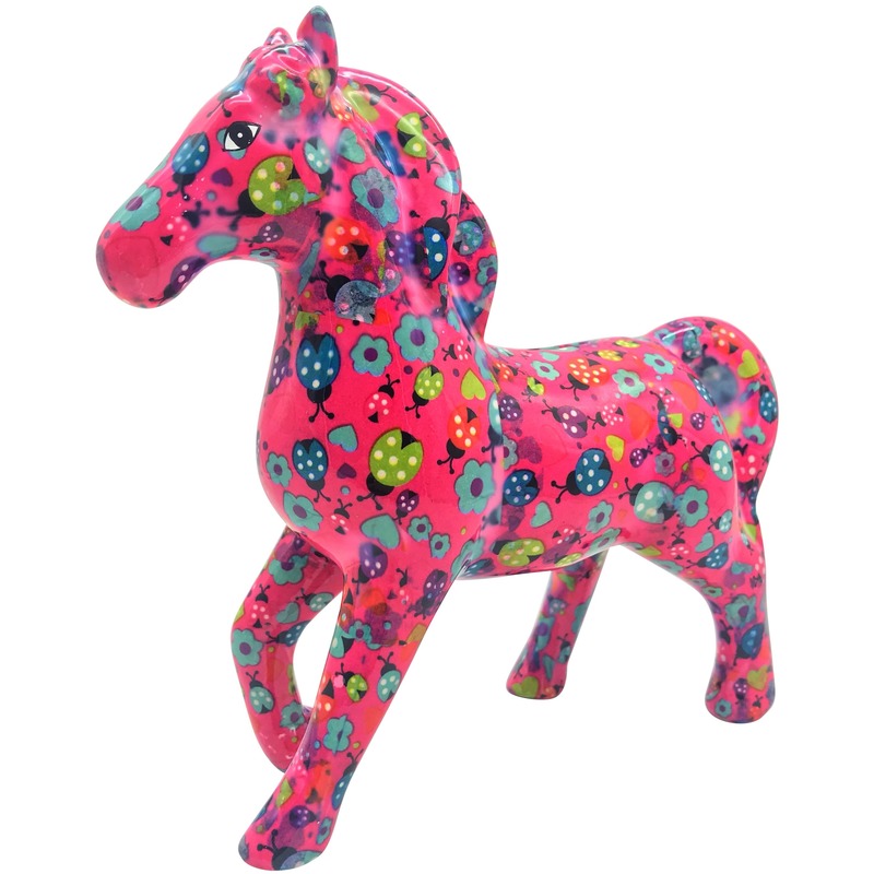 Spaarpot paard roze/gekleurde lieveheersbeestjes print 21 cm