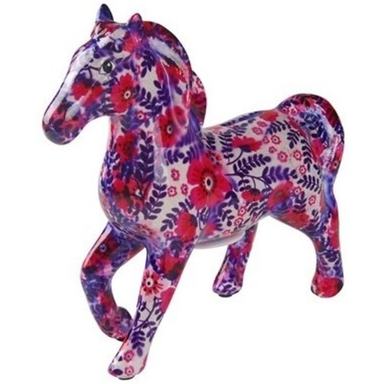 Spaarpot paard wit/paars/roze bloemenprint 21 cm