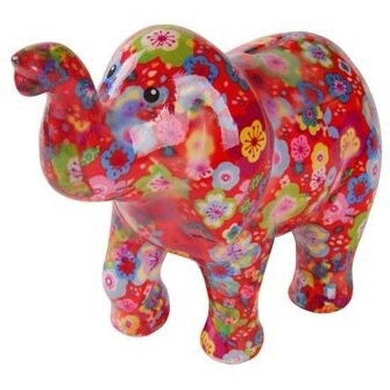 Spaarpot rode olifant met bloemetjes print 20 cm