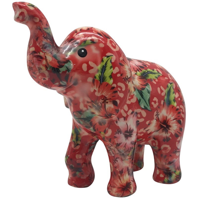Spaarpot rode olifant met Hibiscus bloemen print 20 cm