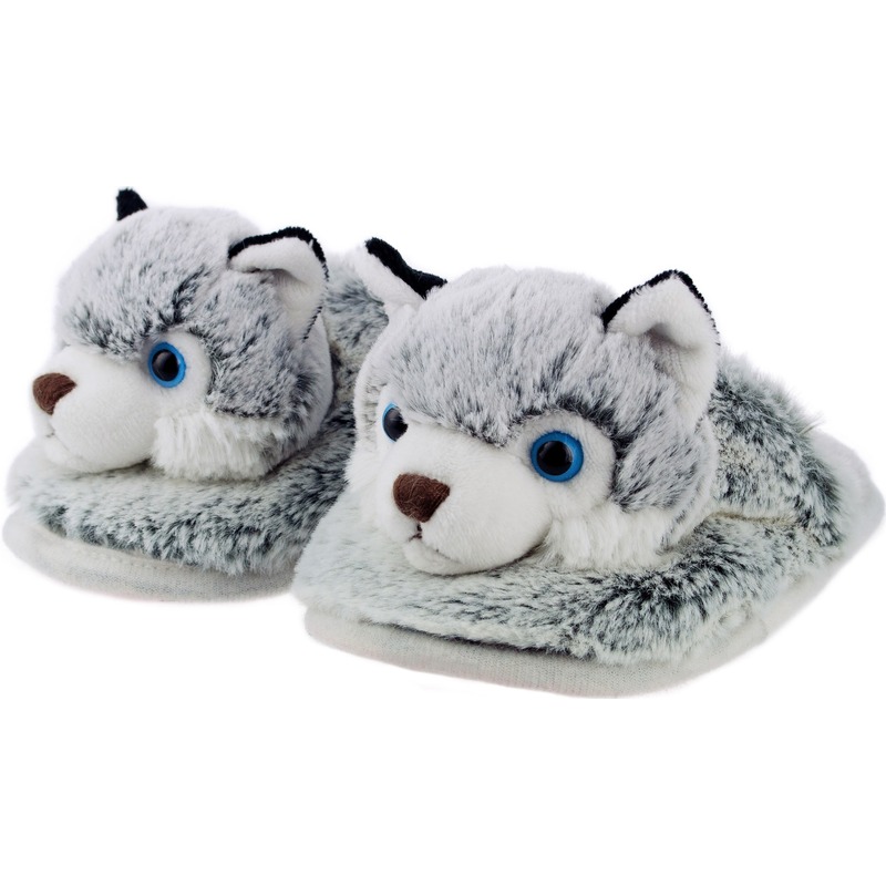 Afbeelding Warme dieren slofjes/pantoffeltjes husky honden grijs/wit voor jongens/meisjes/kinderen door Animals Giftshop