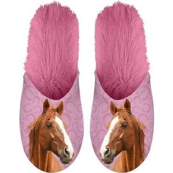 Afbeelding Warme roze dieren slofjes/pantoffeltjes bruine paarden voor dames/volwassenen door Animals Giftshop