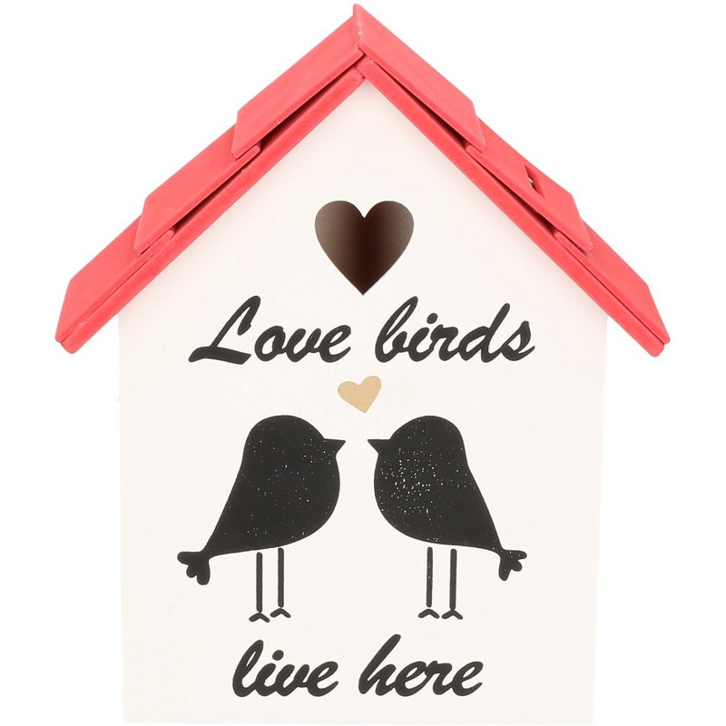 Wit/rood vogelhuisje voor kleine vogels 20 cm met Love Birds opdruk