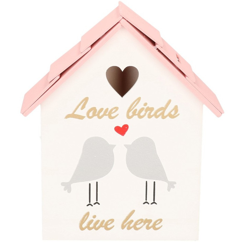 Wit/roze vogelhuisje voor kleine vogels 20 cm met Love Birds opdruk