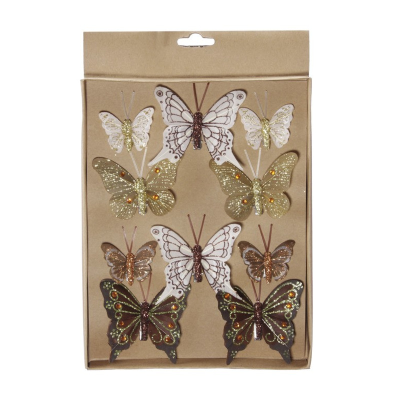 10x stuks decoratie vlinders op clip bruin/goud diverse maten