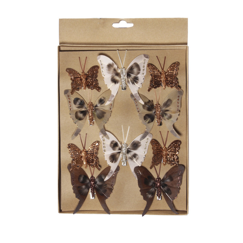 10x stuks decoratie vlinders op clip bruin tinten diverse maten