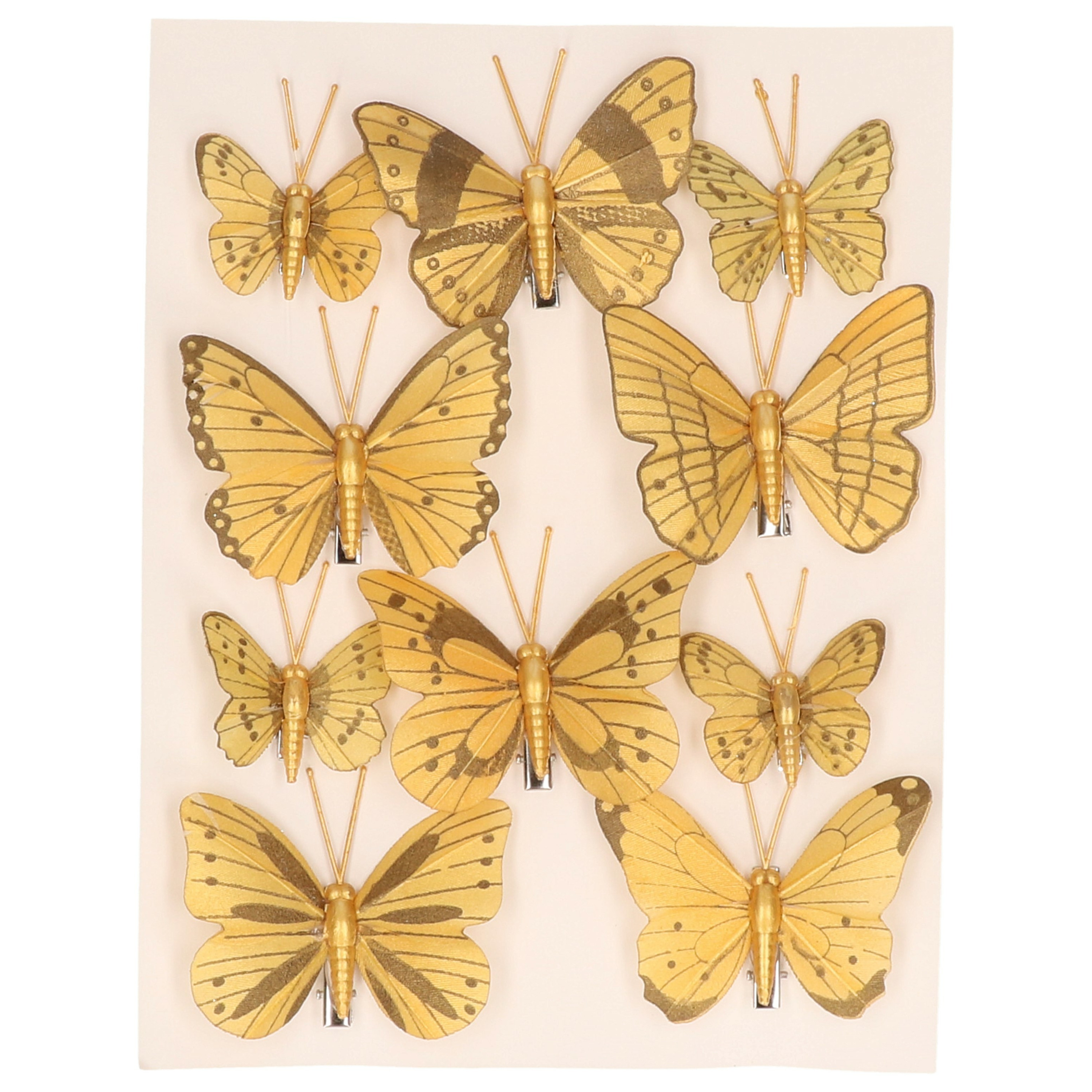 10x stuks decoratie vlinders op clip glimmend goud 7 x 5 cm 4 x 3 cm