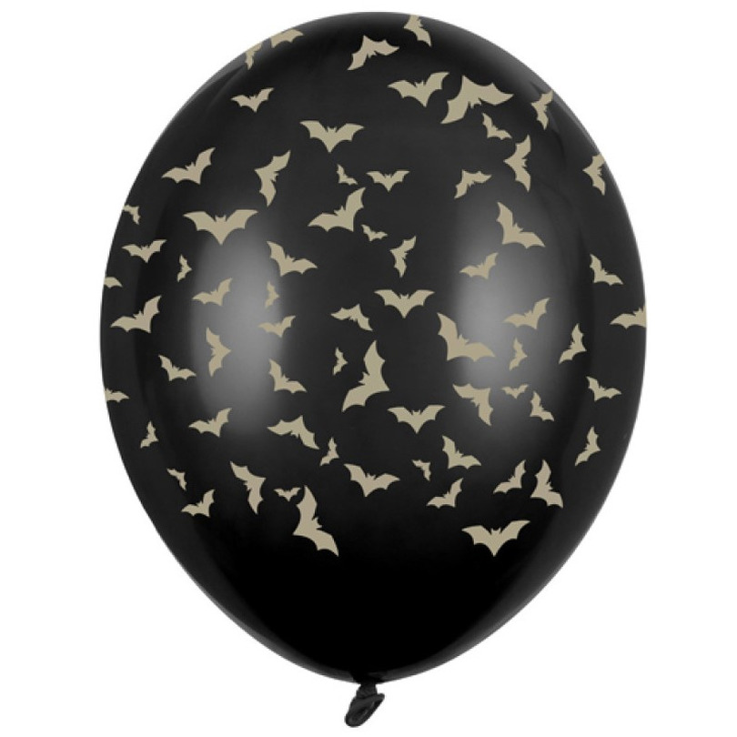 Afbeelding 12x Mat zwarte ballonnen met gouden vleermuis print 30 cm Halloween feest/party versiering door Animals Giftshop
